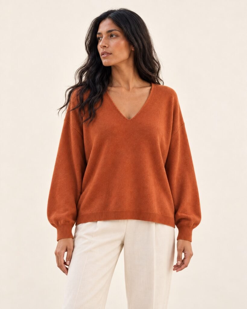 Pull Léger Col V Terracotta porté de face