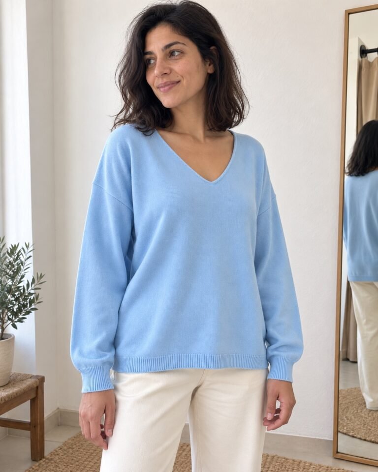 Pull Léger Col V Terracotta porté de trois quarts